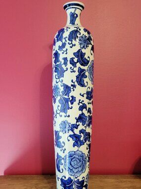 Blue Chinoiserie Floral Ceramic 18" Vase